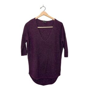 Express Oversized Metallic Knit Purple Short Sleeve V Neck Sweater XS